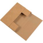 The 12 x 9 x 3 Kraft Easy-Fold Mailers (50/Bundle) feature an open brown cardboard envelope with a flap, exposing the inner side. Designed with perforated lines, they ensure easy folding and secure closure.