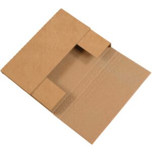 The 12 x 9 x 3 Kraft Easy-Fold Mailers (50/Bundle) feature an open brown cardboard envelope with a flap, exposing the inner side. Designed with perforated lines, they ensure easy folding and secure closure.