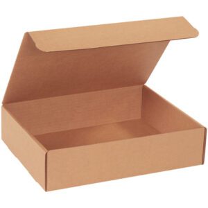 The 12 1/8 x 9 1/4 x 3 Kraft Literature Mailer, from a bundle of 50, is an empty cardboard box with an attached lid that opens to reveal its simple rectangular shape against a plain background.