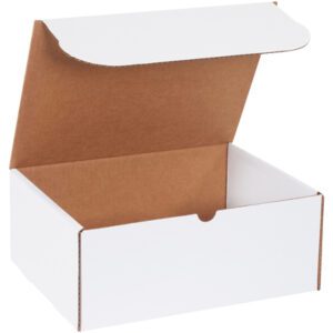 An open MH-USA 12 1/8 x 9 1/4 x 5 white cardboard box features a brown interior. The lid is partially lifted, revealing an empty space inside. Its simple and functional design makes it ideal for various needs.