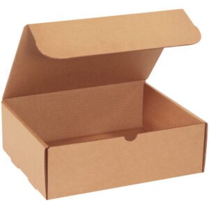 The 12 1/8 x 9 1/4 x 5 Kraft Literature Mailer (50/Bundle) has a hinged lid, revealing its unlined interior. This cardboard box, viewed at an angle, features a small front notch for easy access.