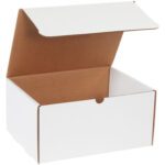 A three-quarter view of an open, empty MH-USA 12 1/8 x 9 1/4 x 6 white literature mailer from the bundle of 50, highlighting the brown interior and the contrasting white exterior.