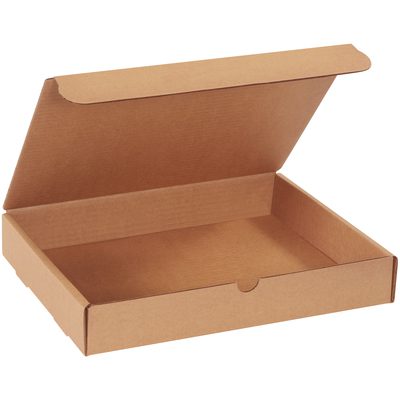 M13102K.jpg The open Kraft Literature Mailer, measuring 13 x 10 x 2, has a partially folded lid and is to the left. These simple brown cardboard boxes come in bundles of 50 and are ideal for secure packaging.