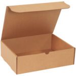 The 13 x 10 x 4 Kraft Literature Mailers (50/Bundle) boast a straightforward design with an open cardboard box and hinged lid, ideal for organizing materials. Set against a white background, the empty box highlights its versatility and practicality.