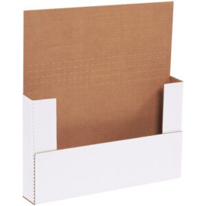 A white cardboard magazine file holder with an open top and a brown interior, similar to the MH-USA 14 1/8 x 8 5/8 x 2 White Easy-Fold Mailers design. The front panel is slightly higher than the side panels for content support.