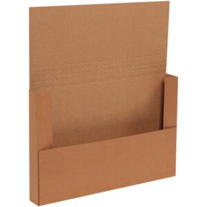 A 14 1/8 x 8 5/8 x 2 Kraft Easy-Fold Mailer stands upright with an open top. Its expandable sides accommodate thicker contents efficiently. The mailers textured brown surface contrasts against a plain white background.