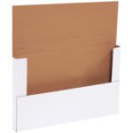 The MH-USA 14 1/8 x 8 5/8 x 1 White Easy-Fold Mailer, with expandable sides and a brown interior, is displayed open against a white background. It comes in a bundle of 50 for convenient packaging.