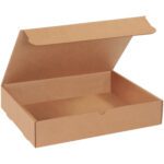 A 15 1/8 x 11 1/8 x 3 Kraft Literature Mailer, constructed from plain brown corrugated material with a hinged lid, is open and empty on a white background, ideal for organizing or shipping documents efficiently.
