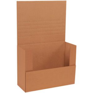 Cardboard display box with a tall back panel for showcasing, featuring a perforated back for easy folding like the 15 x 11 1/8 x 6 Kraft Easy-Fold Mailers (50/Bundle). Open top and front offer easy visibility and access.