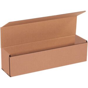The Kraft Corrugated Mailer, measuring 16 x 4 x 4, sits open with its lid raised, highlighting its roomy interior and strong texture. Part of a 50-bundle set, it is photographed against a plain white background.