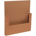 The 17 1/4 x 11 1/4 x 2 Kraft Easy-Fold Mailers, brown cardboard folders with flaps, have visible seams and textured surfaces, ideal for holding documents and efficient organization or mailing.