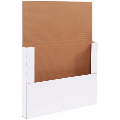M18122BF.jpg A partially assembled MH-USA 18 x 12 x 2 White Easy-Fold Mailer stands upright against a plain background, highlighting its open state and extended brown inner flap. This ready-to-use packaging solution comes in bundles of 50, showcasing efficient design for seamless packing.