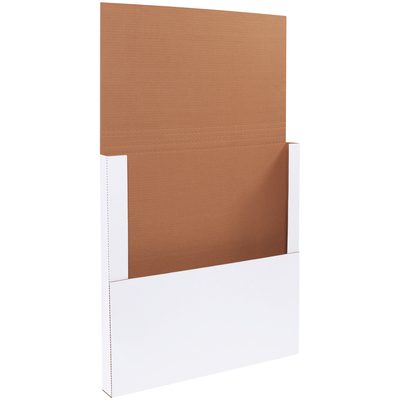 M18182BF.jpg A tall, MH-USA 18 x 18 x 2 white easy-fold mailer with an extended brown flap stands upright, showcasing its brown interior for versatile packaging. Sold in bundles of 50.