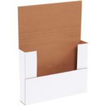 The MH-USA 11 1/8 x 8 5/8 x 2 white easy-fold mailers come with an open top and adjustable, tall brown perforated back panel. The sides fold upward, ideal for flat-pack design. Sold in bundles of 50 for convenient packaging solutions.