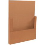 The 20 x 16 x 2 Kraft Easy-Fold Mailers (50/Bundle) are brown, flat cardboard mailers with creases and side flaps, ideal for holding documents or thin items, featuring a wide front pocket.
