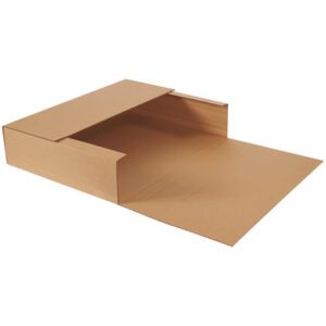 An unfolded, flat, brown cardboard box similar to the 28 x 22 x 6 Kraft Jumbo Mailers (20/Bundle) is shown with open flaps. It lies horizontally on a plain white background, emphasizing its straightforward and functional design.