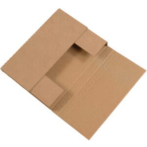A brown cardboard folder with flaps and perforated lines, resembling the simple and functional design of 12 1/8 x 9 1/8 x 2 Kraft Easy-Fold Mailers (50/Bundle), is likely used for packaging or organizing documents.