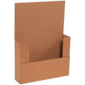 A cardboard display stand with a tall backing for brochures emulates the durability of Kraft Easy-Fold Mailers, featuring two side supports and a front panel made from sturdy material.