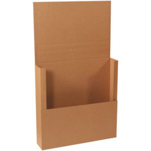 An open brown cardboard folder reveals its wide inner pocket, similar to a 30 x 30 x 6 Kraft Jumbo Mailer (20/Bundle). It stands upright with the flap raised, highlighting its corrugated texture in line with utilitarian designs.