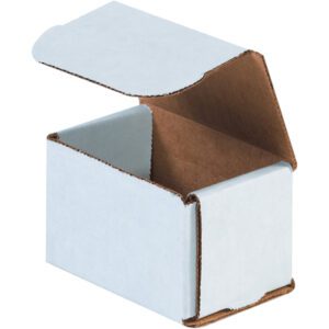 Against a white background, the MH-USA 3 x 2 x 2 White Corrugated Mailers (50/Bundle) feature a practical design with a brown interior. The partially open lid reveals the secure packaging inside.
