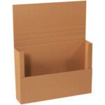 This cardboard magazine holder, set against a white background, boasts a tall back with fold lines and reinforced sides for document or magazine organization, drawing inspiration from the efficient design of 32 x 22 x 6 Kraft Jumbo Mailers (20/Bundle).