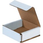 An MH-USA 3 x 3 x 1 white corrugated mailer from a bundle of 50 has a brown interior and an open flap, showcasing its spacious interior ideal for packaging small items.
