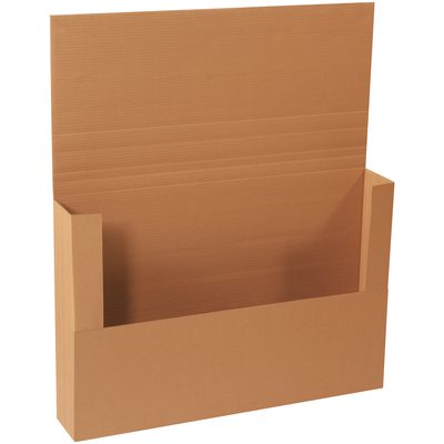 M36246.jpg A brown, flat cardboard magazine holder with an open top and pocket resembles the 36 x 24 x 6 Kraft Jumbo Mailers smooth surface, perfect for neatly storing or displaying magazines or documents while showing visible corrugated lines.