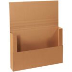 The brown corrugated cardboard magazine file holder is ideally sized for your 38 x 26 x 6 Kraft Jumbo Mailers (20/Bundle), featuring a vertical open slot for easy organization. The textured design pops when the holder stands upright against a plain backdrop.