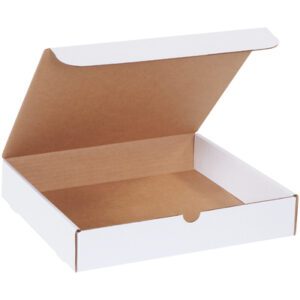 A cardboard pizza box with a white exterior and brown interior, resembling the MH-USA 11 3/4 x 10 3/4 x 2 1/4 White Literature Mailers, is shown open and empty against a plain backdrop, combining form and function.