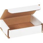 The MH-USA 4 x 3 x 1 white corrugated mailer has a brown interior and foldable lid, ideal for various uses. It is an empty rectangular box shown against a plain background and comes in convenient bundles of 50.