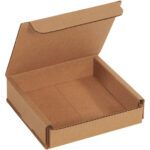 The 4 x 4 x 1 Kraft Corrugated Mailer, seen from the side, is an open brown cardboard box with edge flaps for secure closure. It is sold in a bundle of 50.