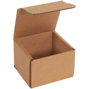 An open 4 x 4 x 3 Kraft Corrugated Mailer from the 50/Bundle pack sits ready with its lid partially folded back. The sturdy new box is perfect for packaging or storage tasks, offering a reliable solution for all your shipping needs.