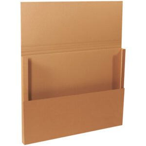 The 48 x 36 x 3 Kraft Jumbo Mailers (20/Bundle) in brown cardboard feature an expandable gusset and open top, perfectly designed to hold documents. They stand upright against a plain white background, showcasing their sturdy and functional design.