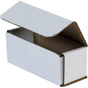 The MH-USA 5 x 2 x 2 White Corrugated Mailers (50/Bundle) sit on a plain white background, with lids partially lifted, showing the empty brown interiors. Angled for display, these sturdy boxes are ready to securely hold your contents.