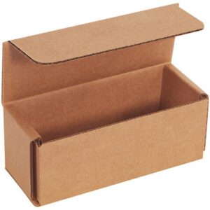 The open 5 x 2 x 2 rectangular Kraft corrugated mailer box, showcasing its empty interior, is set against a plain white background and comes in bundles of 50 for efficient mailing solutions.