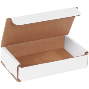An MH-USA 5 x 3 x 1 white corrugated mailer, part of a 50/bundle set, sits open with a brown interior. Its partially lifted lid reveals a rectangular shape and simple design, ideal for shipping needs.