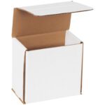 An MH-USA 5 x 3 x 5 White Corrugated Mailer from a 50-piece bundle is partially open, displaying its flaps. The square, unmarked box has a white exterior and brown interior, set against a plain background.
