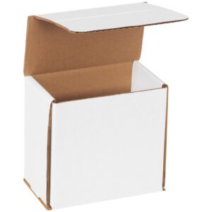 An MH-USA 5 x 3 x 5 White Corrugated Mailer from a 50-piece bundle is partially open, displaying its flaps. The square, unmarked box has a white exterior and brown interior, set against a plain background.