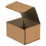 The 5 x 4 x 3 Kraft Corrugated Mailers (50/Bundle), shown with its plain brown lid partially open against a white backdrop, offer a sturdy and simple packaging solution.