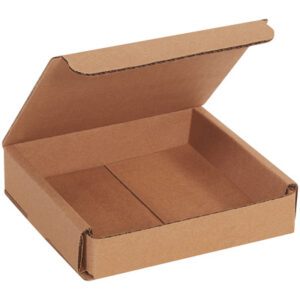 A partially open plain brown Kraft Corrugated Mailer (5 x 5 x 1) reveals its empty interior. With a hinged lid, this sturdy mailer is ideal for shipping or storage, and comes perfectly bundled in sets of 50.