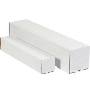 Two white MH-USA 5 x 5 x 30 square mailing tubes of different sizes, similar to cardboard boxes, are placed side by side horizontally on a plain background, with the larger on the right and smaller on the left.