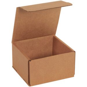 The 5 x 5 x 3 Kraft Corrugated Mailer sits open, showcasing its empty interior. This sturdy, lightweight box is ideal for shipping and is packaged in bundles of 50, all displayed against a plain white background.