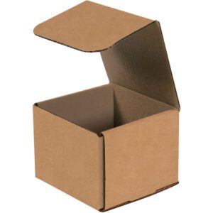 An unfolded 5 x 5 x 4 Kraft Corrugated Mailer rests on a white background. This empty square box is part of a bundle of fifty, perfect for secure deliveries.