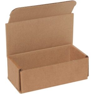 The 6 x 3 x 2 Kraft Corrugated Mailers (50/Bundle) stand upright on a white background, highlighting their roomy interior and hinged lid. Ideal for efficient packaging, they combine durability and versatility in a compact design.