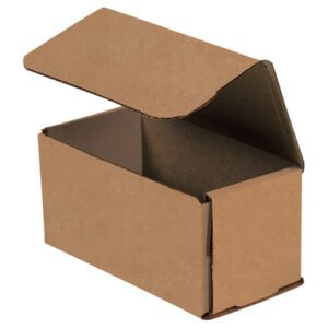 An open 6 x 3 x 3 Kraft Corrugated Mailer, positioned at an angle with a partially lifted lid, showcases its sturdy design. This brown cardboard box reveals its ready-to-use depth and is available in bundles of 50 for shipping needs.