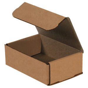 The 6 x 4 x 2 Kraft Corrugated Mailers have a brown cardboard design with a partially folded lid. Ideal for shipping and storage, they feature a simple rectangular shape and are available empty on a plain white background in bundles of 50.
