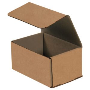 6 x 4 x 3 Kraft Corrugated Mailers feature a hinged lid and durable brown corrugated material, perfect for shipping or storage. Sold in bundles of 50, they provide convenient packaging solutions.