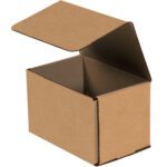 A 6 x 4 x 4 Kraft Corrugated Mailer with one flap open shows its empty inside. Crafted from robust corrugated cardboard, this plain brown box comes in bundles of 50, ideal for secure mailing and storage.