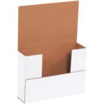 The MH-USA 7 1/2 x 5 1/2 x 2 White Easy-Fold Mailers (50/Bundle) are sleek cardboard boxes with a white exterior, brown interior, raised back panel, and supportive sides, ideal for showcasing products in retail.