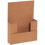 The 7 1/2 x 5 1/2 x 2 Kraft Easy-Fold Mailers (50/Bundle) pair effortlessly with a brown cardboard display stand perfect for organizing brochures. Its simple design is ideal for both practical use and subtle presentation.